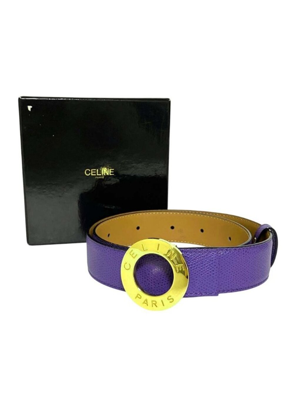 Celine Vintage Circle Logo Buckle Ball Tip Clasp Leather Belt Purple Gold - Picture 8 of 8